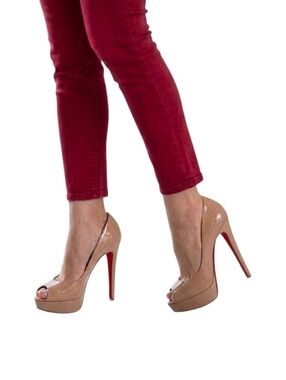 Christian Louboutin Lady Peep 150 Patent Calf Nude Heels Womens Size 36.5